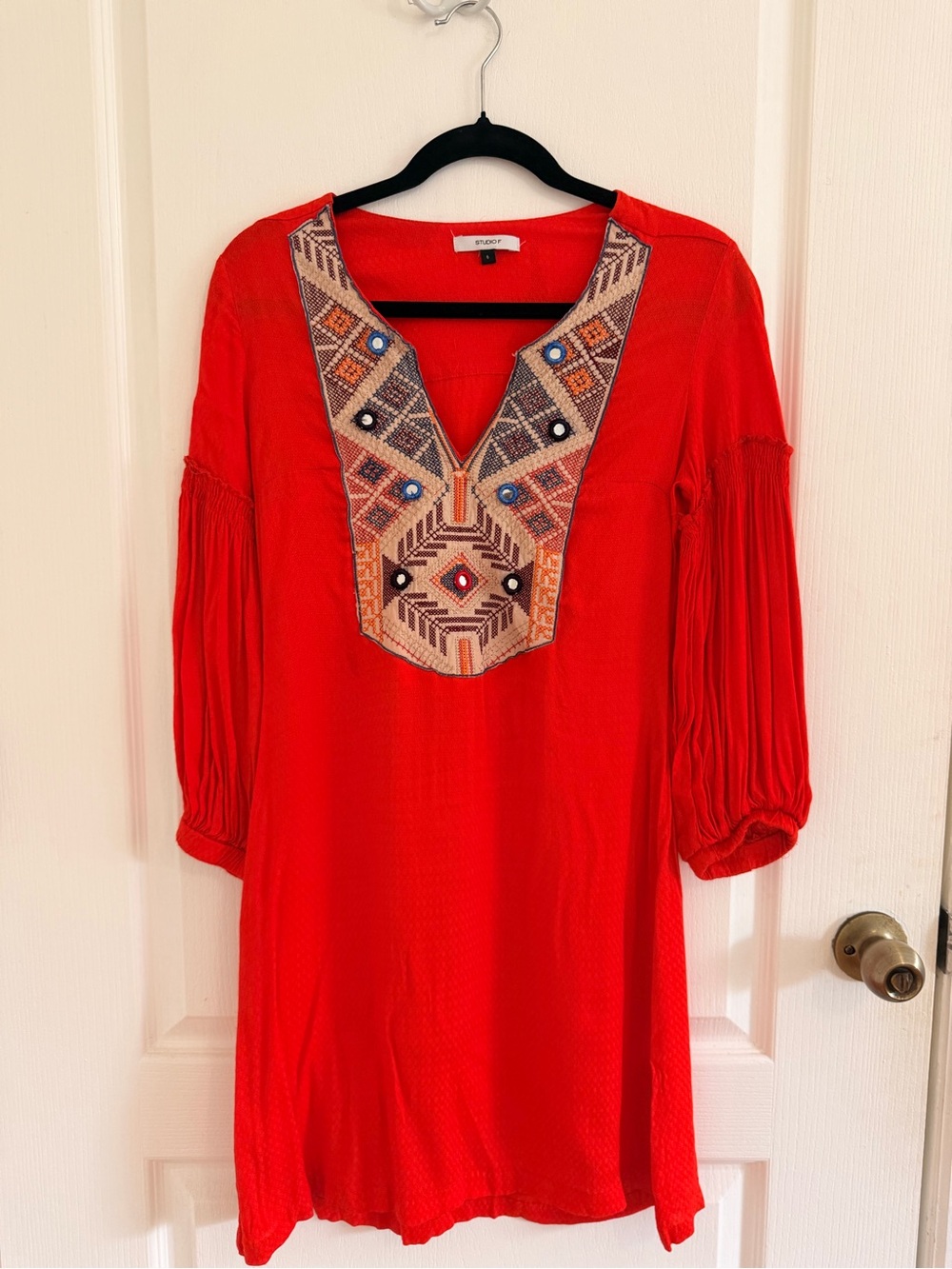 Embroidered V-Neck Red Orange Long Sleeve Tunic Dress